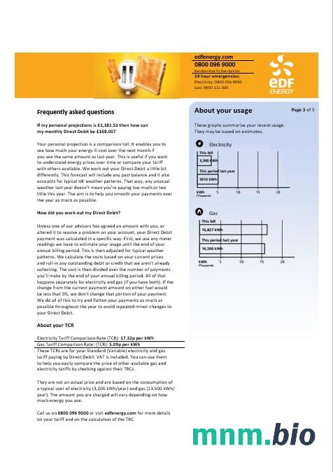 Wielka Brytania EDF rachunek za usługi komunalne szablon w formacie Word i PDF, 3 strony 3